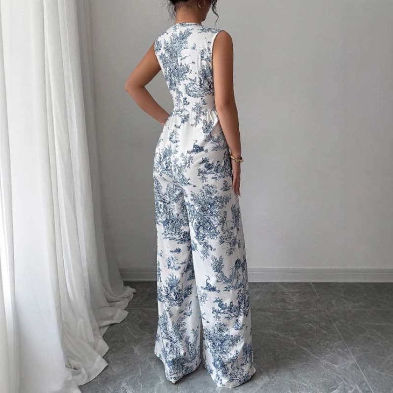 Amazon US/EU Cross-Border 2025 Fall New Elegant Blue and White Porcelain Print Wide-Leg Sleeveless Jumpsuit for Women