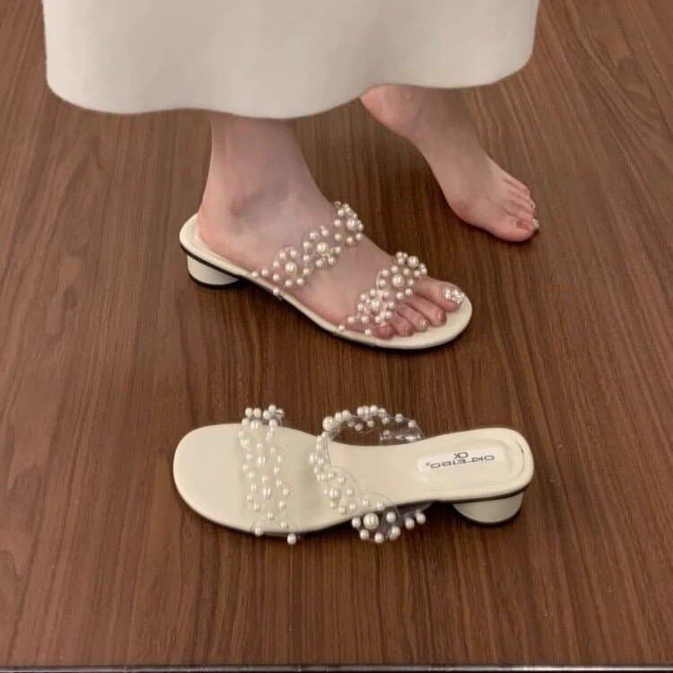 2026 Summer New Pearl Transparent One-Strap Open-Toe Slippers for Women, French Gentle Style Sandals for Dresses
