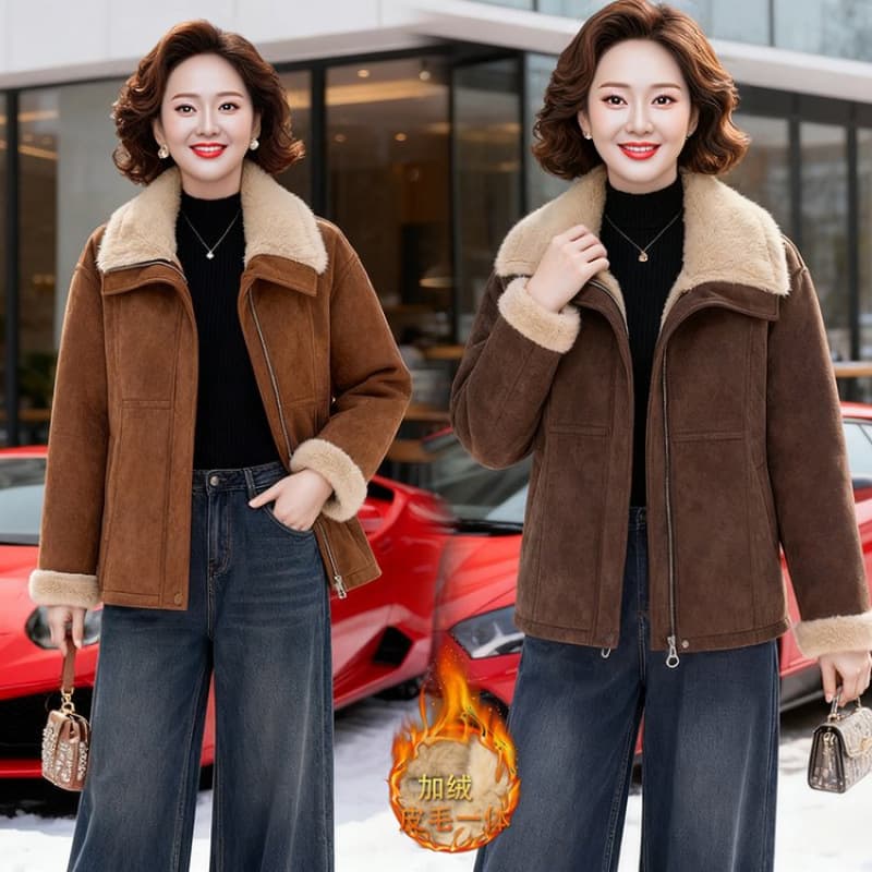 High-quality winter coat for middle-aged women, thickened with fleece lining, solid color, simple and elegant solid color padded jacket.