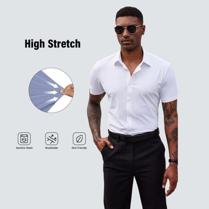 2026 Cross-Border Men's Slim-Fit Short-Sleeve Shirt, Stretchy Casual Solid Color Shirt, Men's Four-Way Stretch Plus-Size Shirt