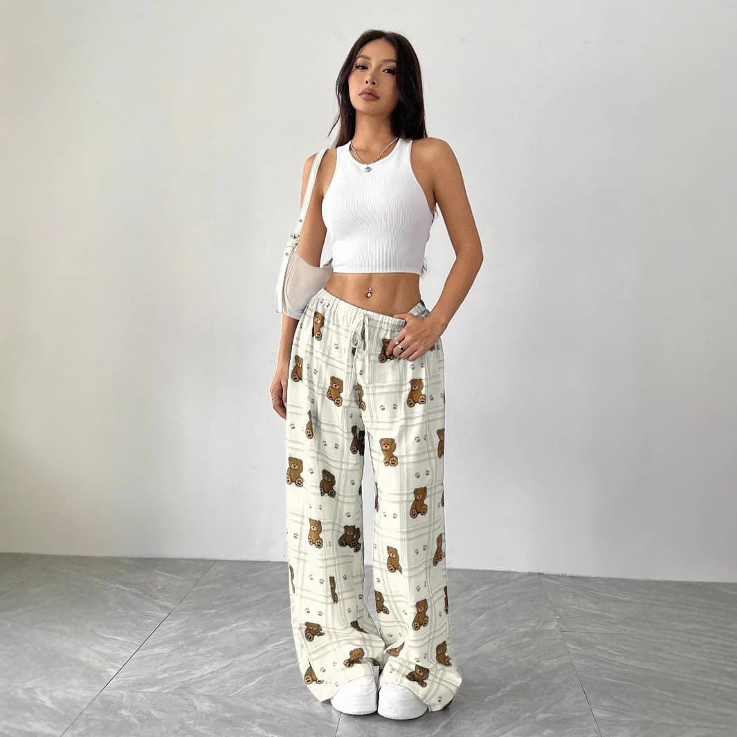 Elastic waist white narrow version high-end wide-leg pants Printed straight loose thin casual pants for petite women