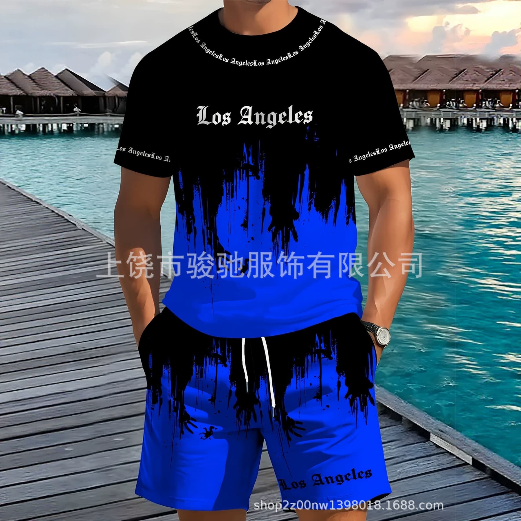 American Gothic Style Drip Hand Graffiti Casual Set Streetwear Loose Men's Short Sleeve Shorts Source