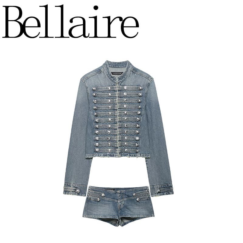 AliExpress Cross-Border European and American French Fashion Denim Jacket and Shorts Set, Stand Collar Long-Sleeve Denim Jacket Top
