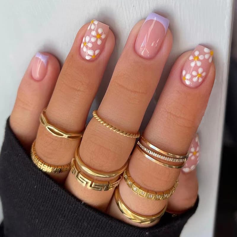 Wholesale Press-On Nails Purple Edge French Floral Nail Tips Bulk Fake Nails Nail Art Stickers