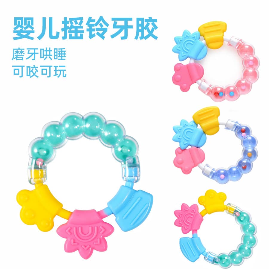 Infant teething toys with silicone chewers, baby rattles that make sound, and soothing teething sticks