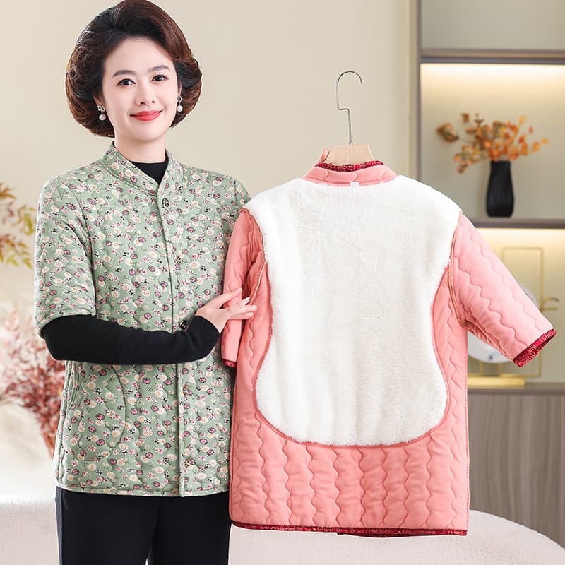 Middle-Aged and Elderly Women's Autumn and Winter Half-Sleeve Cotton Vest, Thickened Mother Cotton Vest, Warm Mid-Sleeve Back Protection Grandma Sleeveless Top