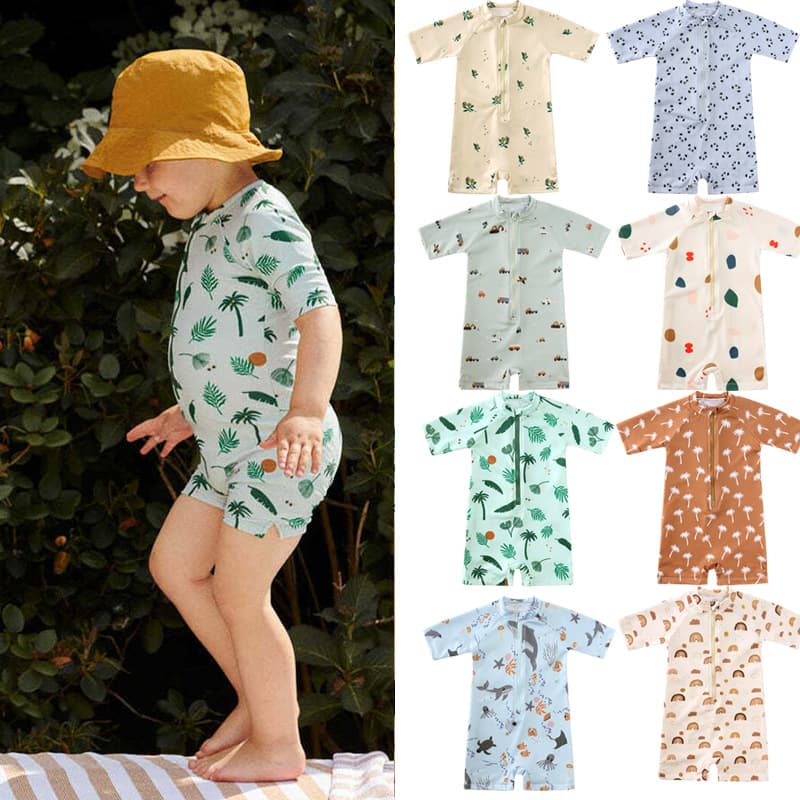 New children's crawl suit for boys and girls, floral short-sleeved one-piece sun protection surfing swimsuit, vacation hot spring suit