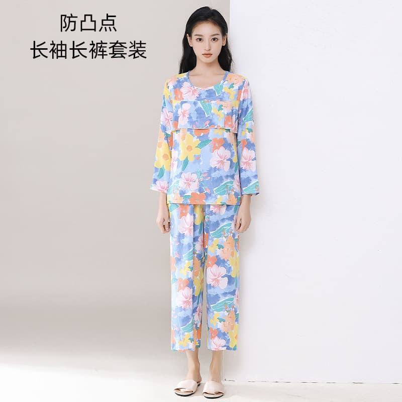 Anti-Bump Long Sleeve Long Pants Women's Set Cotton Silk Pajamas Young Mother Spring Summer Rayon Homewear Plus Size