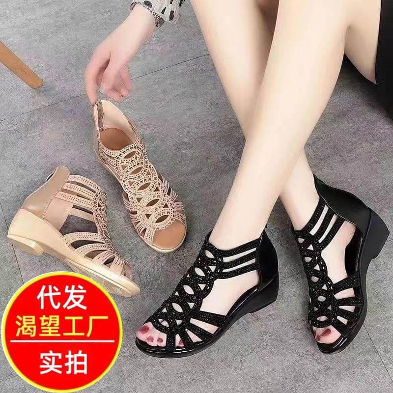 2026 New Genuine Soft Leather Roman Wedge Heel Sandals for Women Summer Fashion Outdoor Soft Sole Ladies Sandals Daily Wear