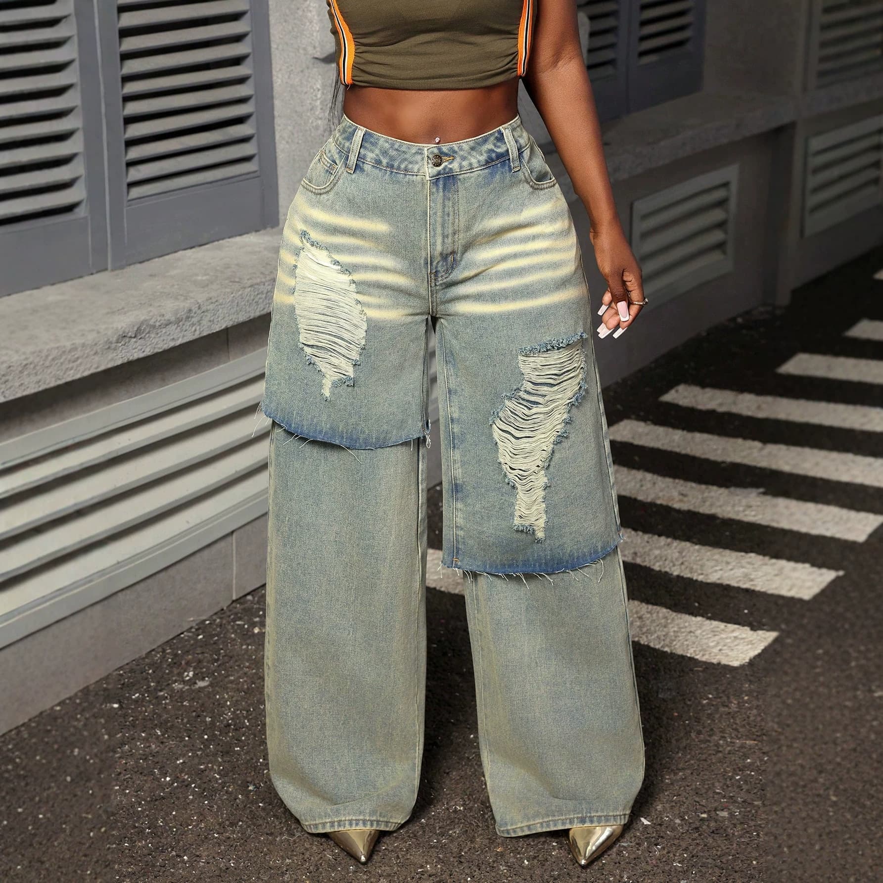 European and American Women's Jeans, Yellow Mud Double-Layer Faux Ripped Wide-Leg Pants, Washed Frayed Hem Straight-Leg Denim Long Pants Cross-Border