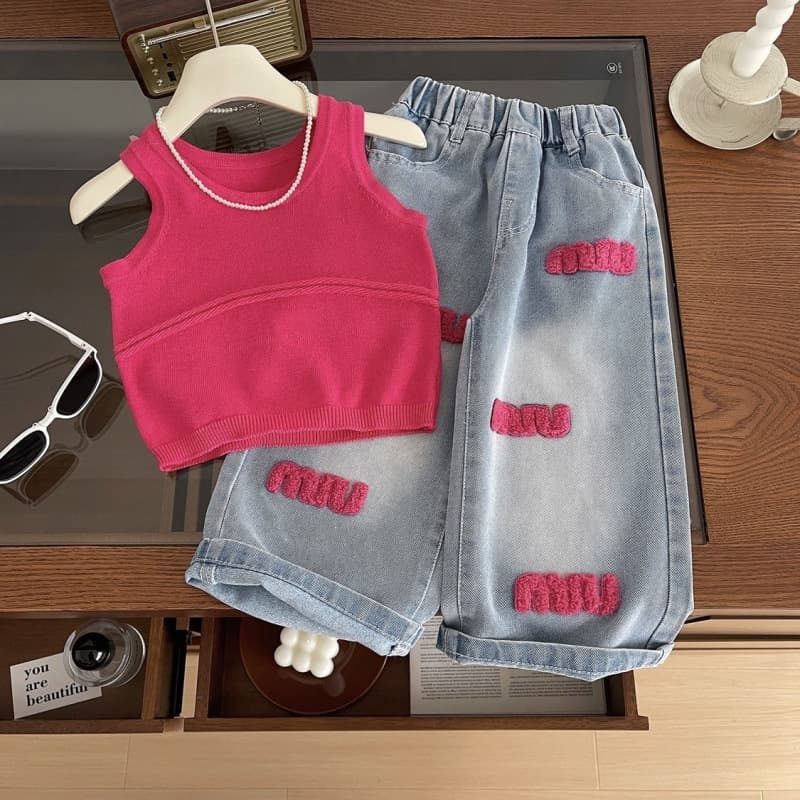 Girls Summer Set 2025 New Korean Style Knit Camisole Top and Denim Shorts Two-Piece Outfit for Kids