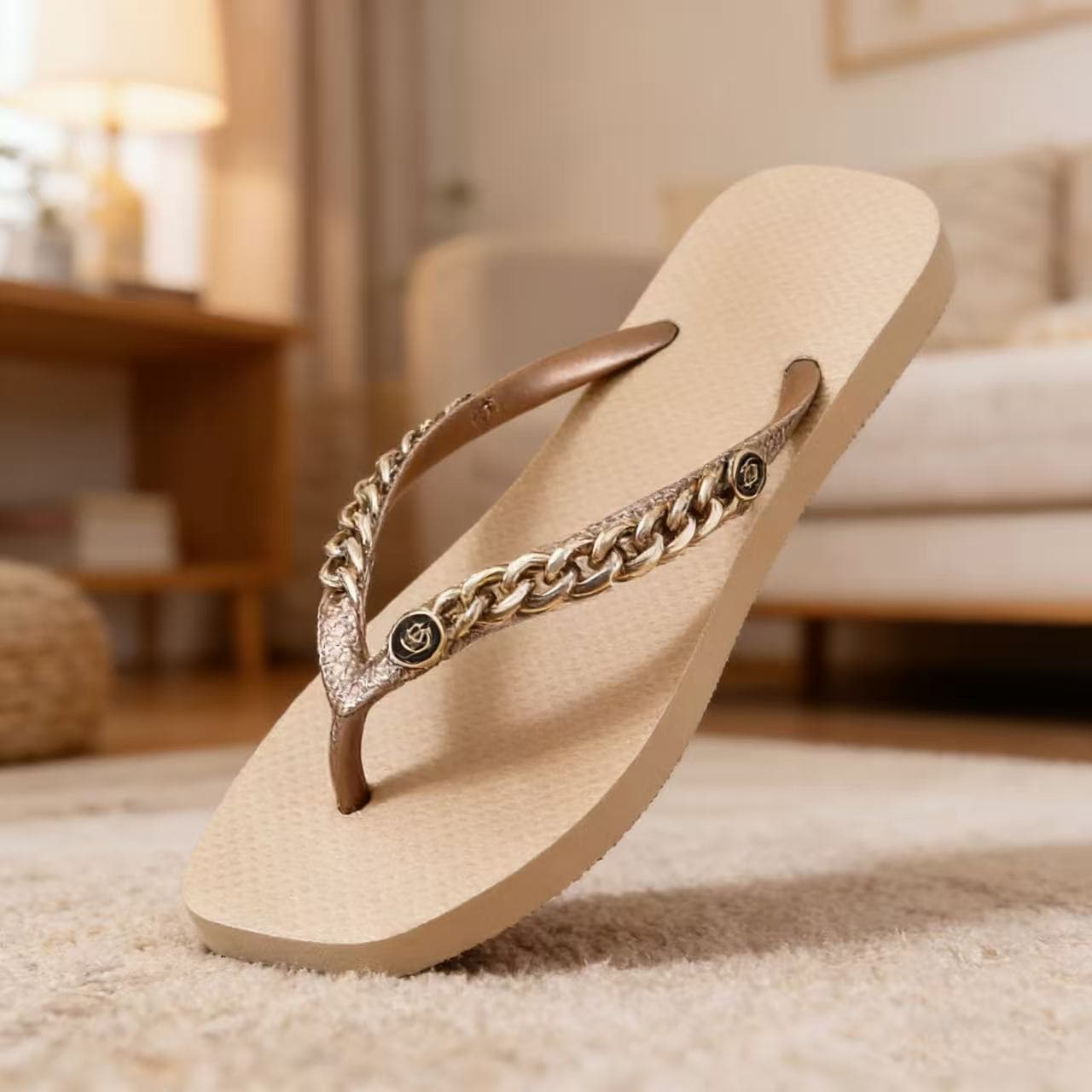 Customizable Flip-Flops for Women - Two-Tone Chain Flat Flip-Flops, Fashionable and Lightweight Beach Vacation Toe-Post Sandals