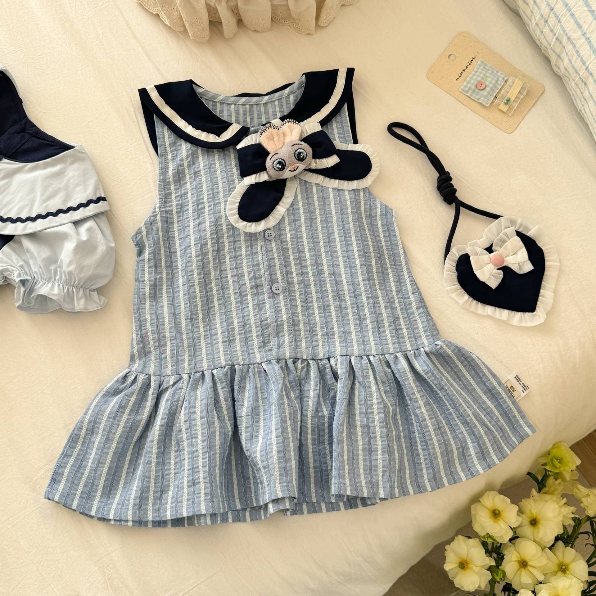 Girls Dress 26 New Summer Fashion Baby Bunny Police Officer Princess Dress Striped Dress Children's A-Line Dress