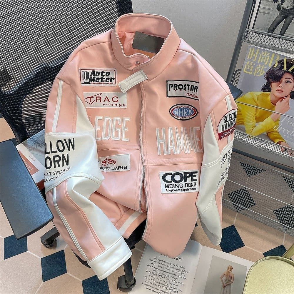 Versatile Pink Embroidered Baseball Jacket for Women, Fall American Style Motorcycle PU Leather Coat Top