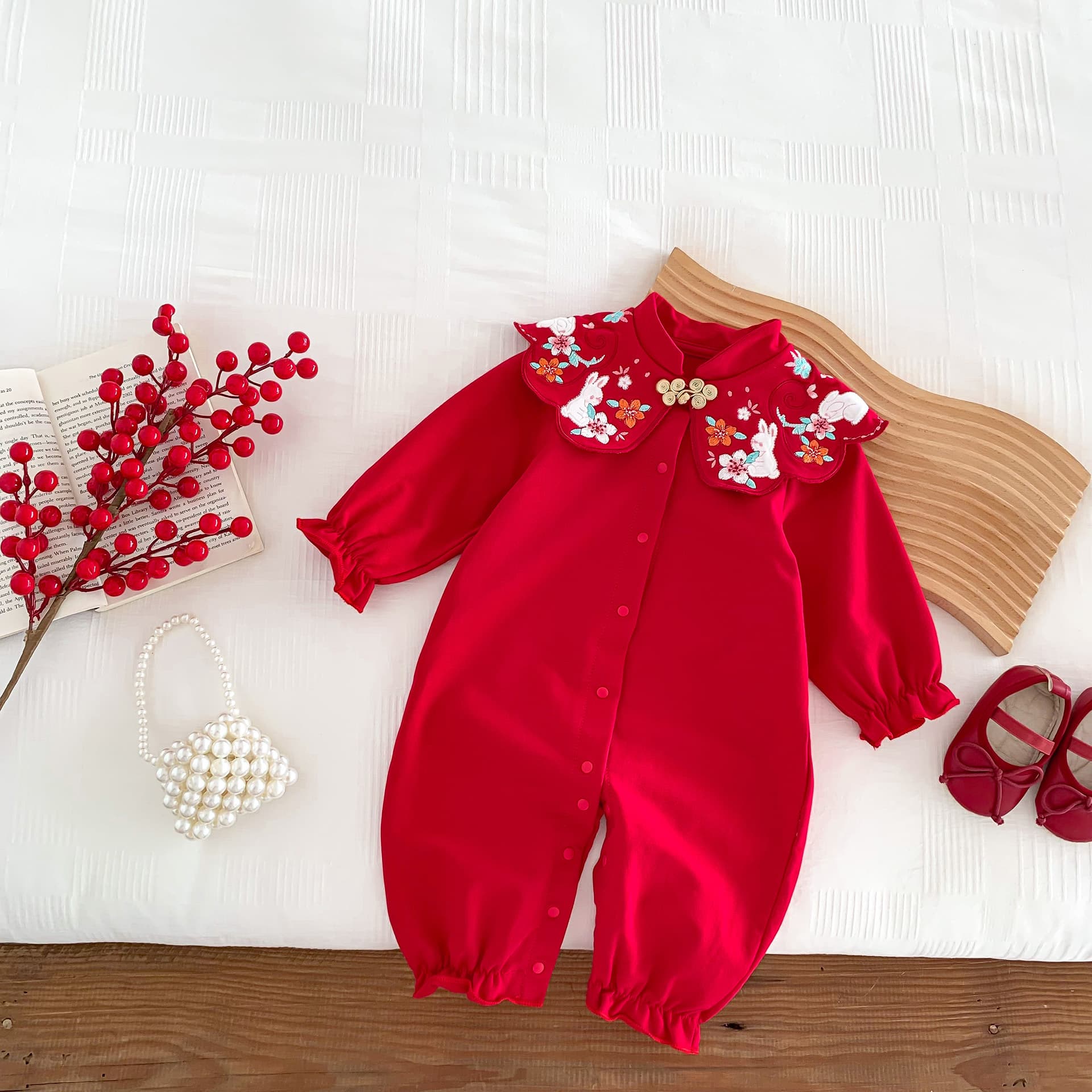 Baby Clothes Spring/Autumn Red Festive Romper Newborn Babygrow 100 Days Full Birthday Dress Baby Crawler Cotton