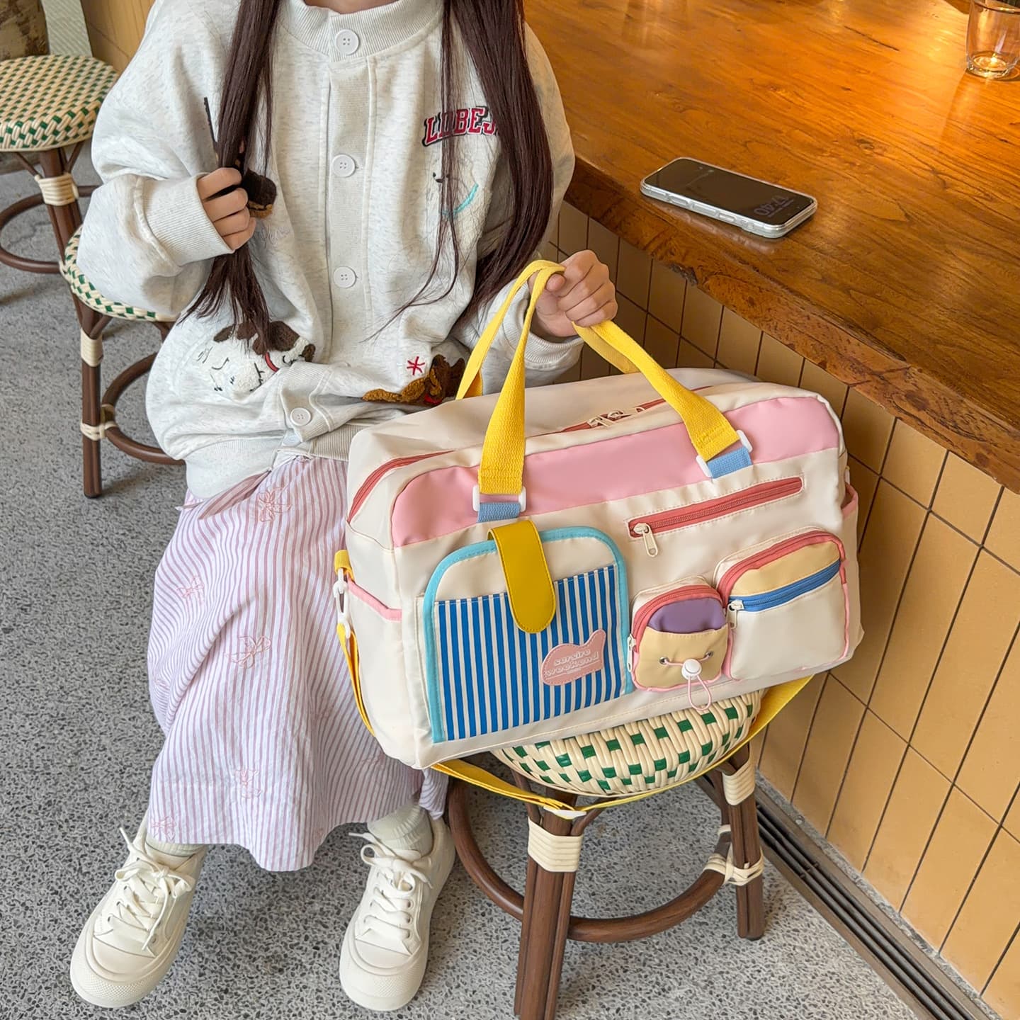 Color Block Outdoor Travel Fitness Bag Large Capacity Handheld Shoulder Crossbody Luggage Storage Bag for Women Oxford Cloth Waterproof Wear Resistant