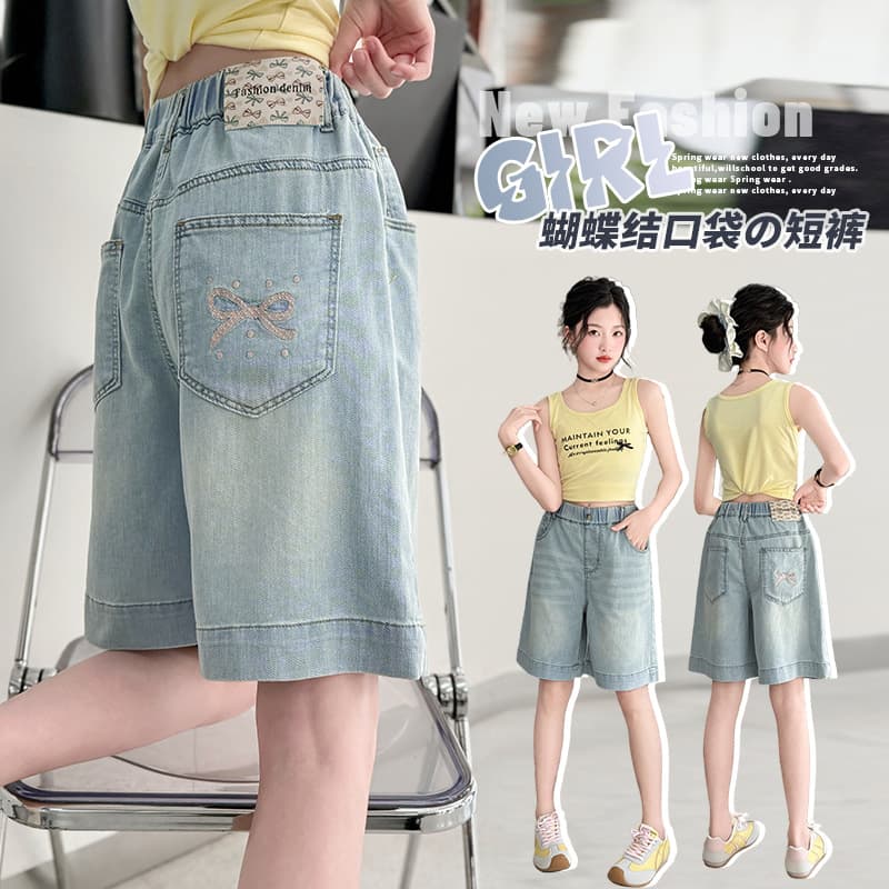 Girls' dotted bow denim shorts 2025 summer new slim high-waisted wide-leg medium pants foreign trade children's pants