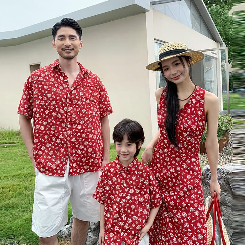 2026 New Family Matching Set: Red Floral Print Shirt, Mother-Daughter Dress, Beach Vacation Sundress