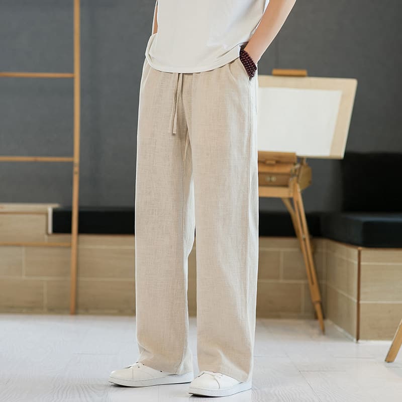 Summer Thin Linen Pants for Men, Straight Loose Wide Leg Pants with Elastic Waist, Casual Long Pants Wholesale