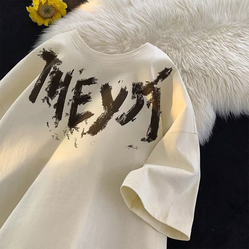 Men's Short Sleeve Summer American Street Style Ins Letter Graffiti Print Casual Tee 2025 New Loose Fit Cotton T-Shirt