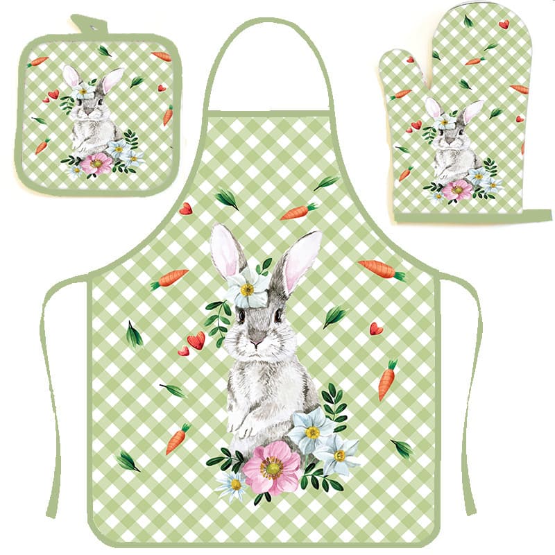 Cross-border e-commerce heat insulation glove, mat, and apron 3-piece set, Easter printed apron, mat, and glove set wholesale