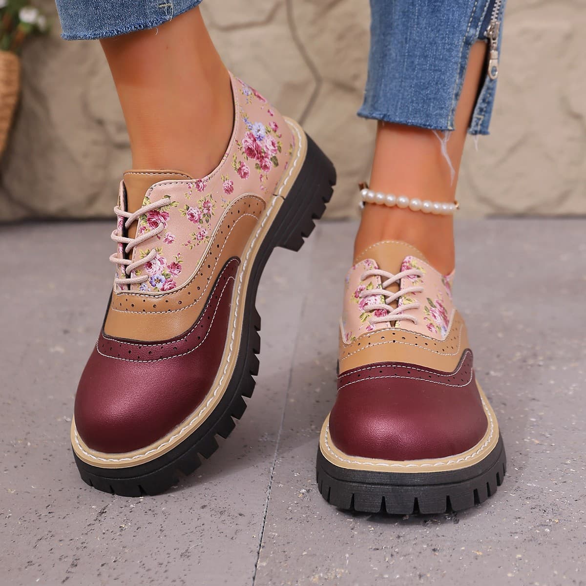 Chunky Heel Floral Lace-Up Fashion Foreign Trade Chunky Heel Flats for Women, 2026 New Color Block Round Toe Loafers Casual Low Top Shoes