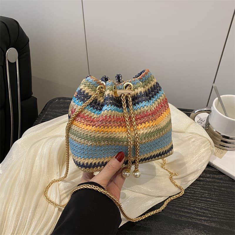 Rainbow striped woven bag women's summer new trendy small bag straw woven chain shoulder crossbody bucket bag