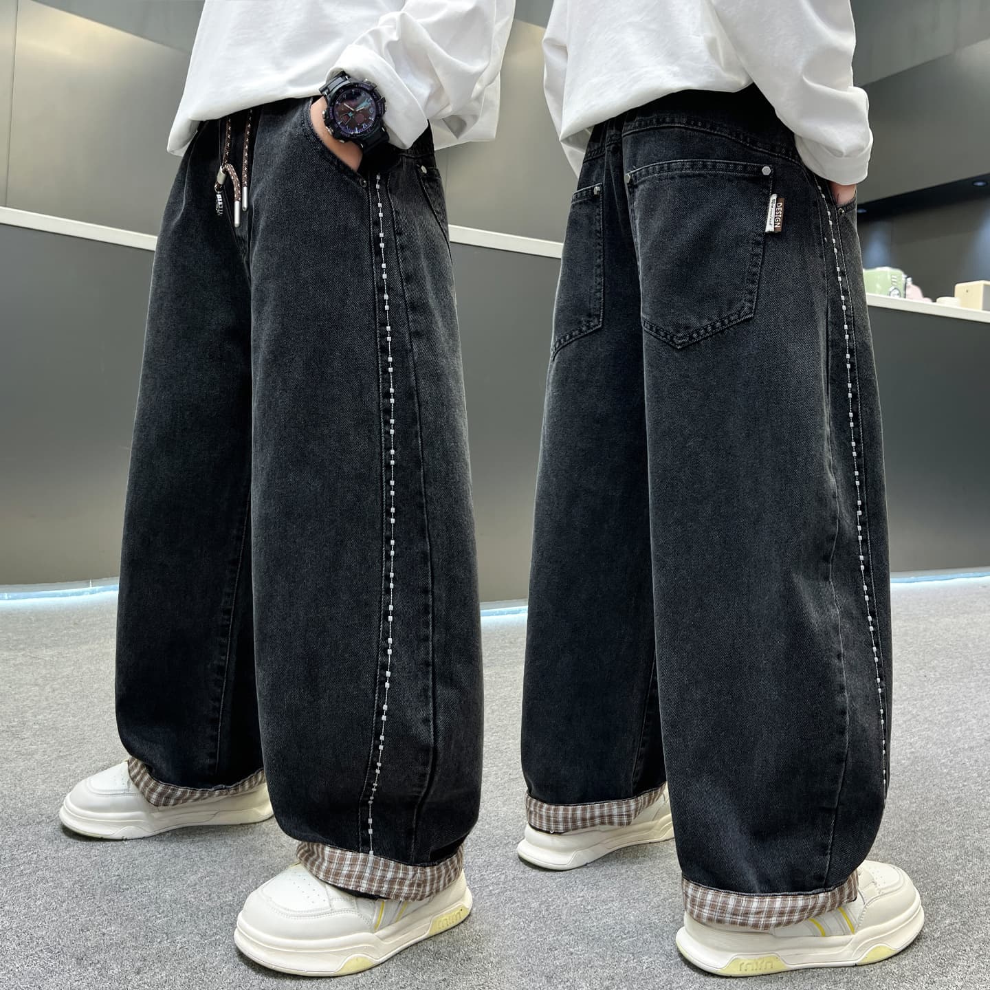 Boys' jeans spring and autumn 2026 new style medium and large boys' ankle splicing straight loose casual trousers