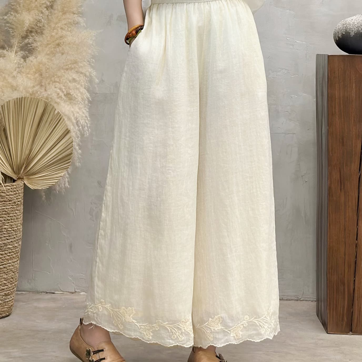 2025 Summer Casual Pants for Women, New Style, Elegant Solid Color Straight Leg Pants, Loose Double-Layer Ramie Embroidery Wide Leg Pants