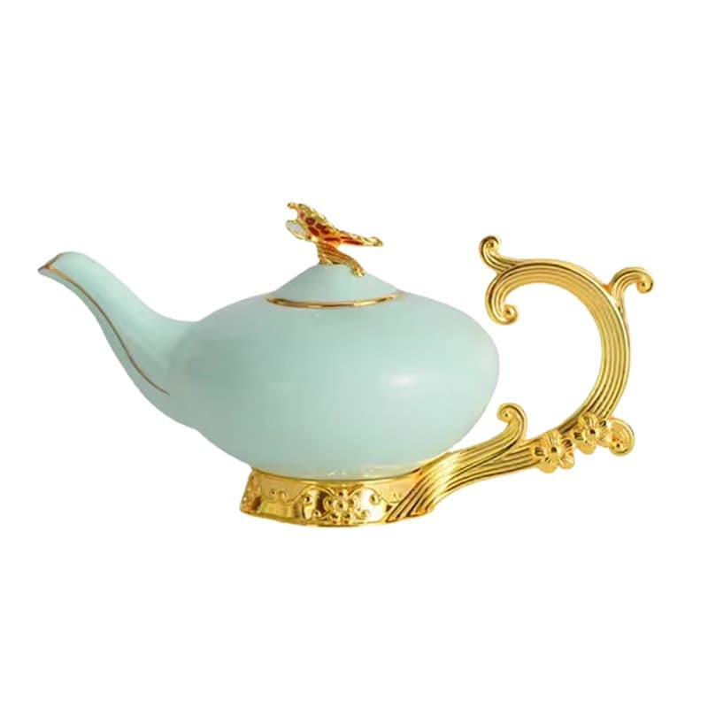 Tangshan Bone China Creative Luxury Tea Set Gold Butterfly Perching Lake Simple Blue Glaze Teapot Teacup Tray Source Factory