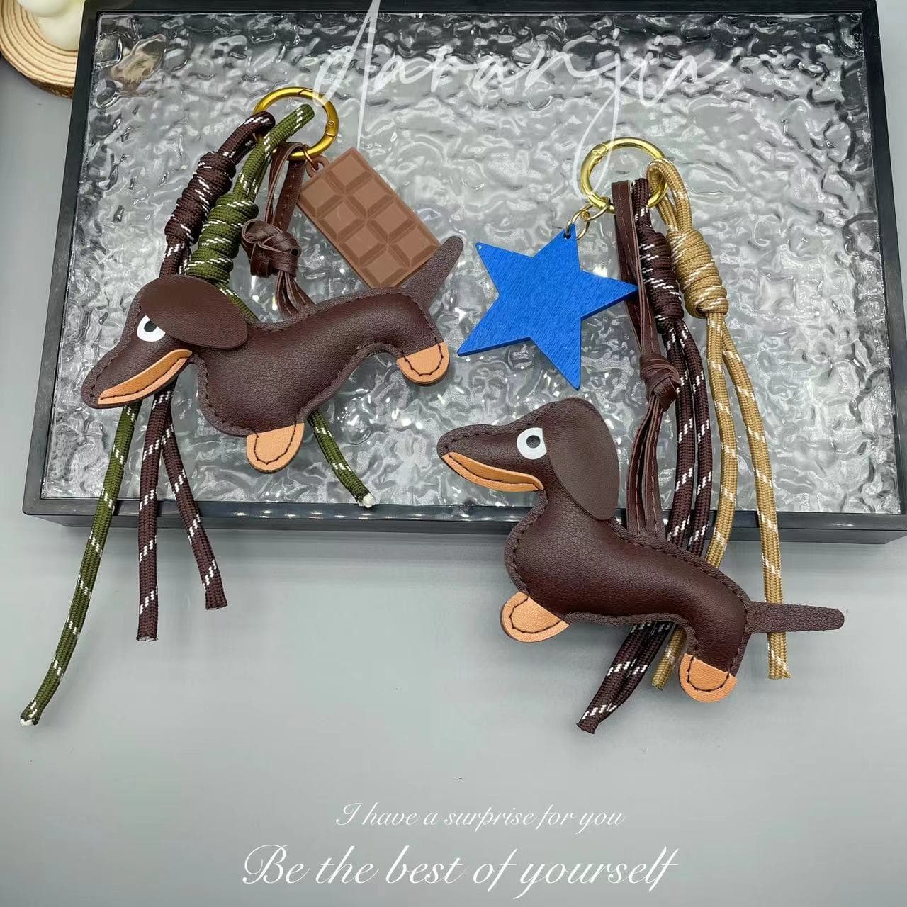 Leather Dachshund Braided Rope Keychain DIY Exquisite Dachshund Bag Charm Rose Same Style Dog Pendant