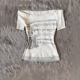 Y2K Korean Style Casual Fashion One-Shoulder Off-Shoulder Short Sleeve Music Note Print Top for Women