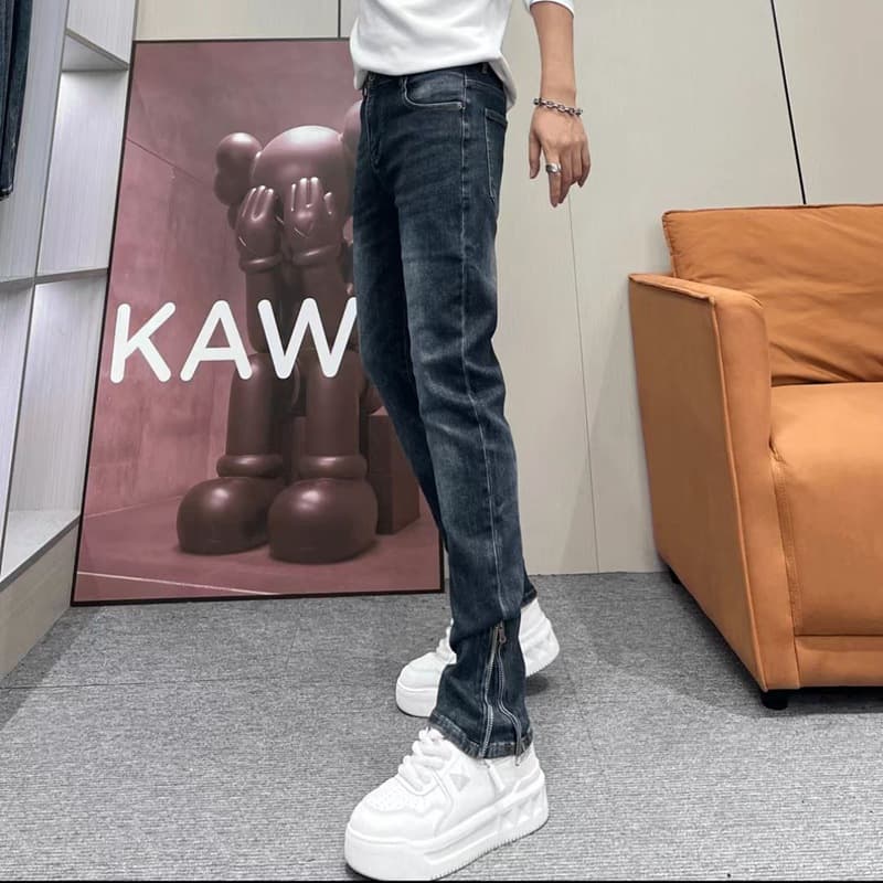 Vintage Blue Side Zipper Stretch Jeans for Men, Spring/Autumn Korean Slim Fit Washed Versatile Skinny Pants