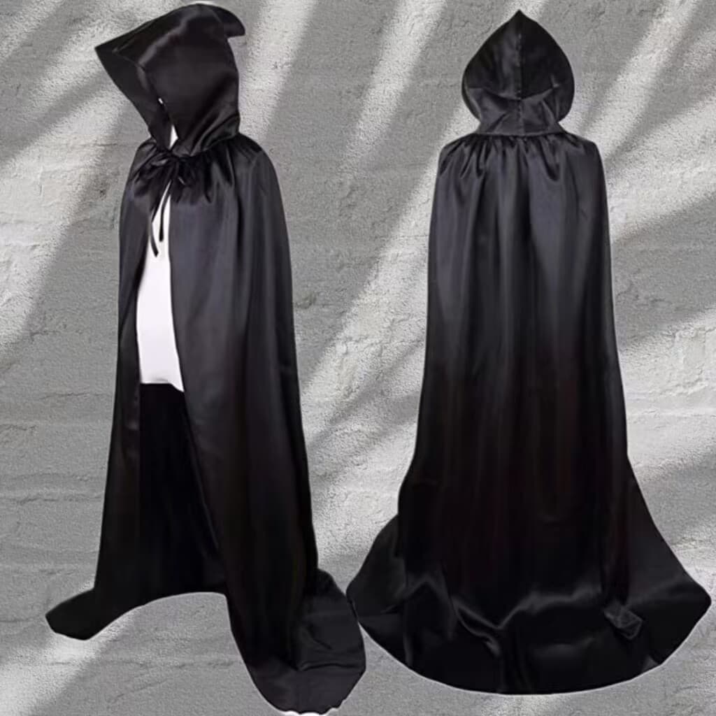 Halloween Cape for Kids and Adults, Satin Fabric Hooded Black Reaper Cloak, Black Cape