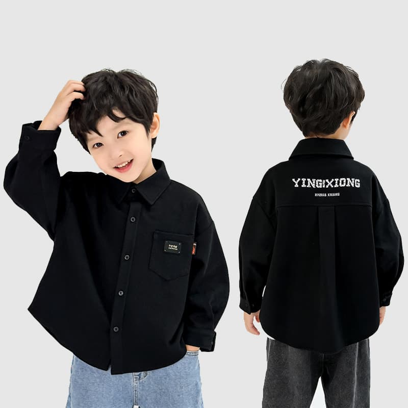 Children's 2026 new long-sleeved pure cotton black shirt boys' spring and autumn shirts for big children with letters, versatile, skin-friendly and soft