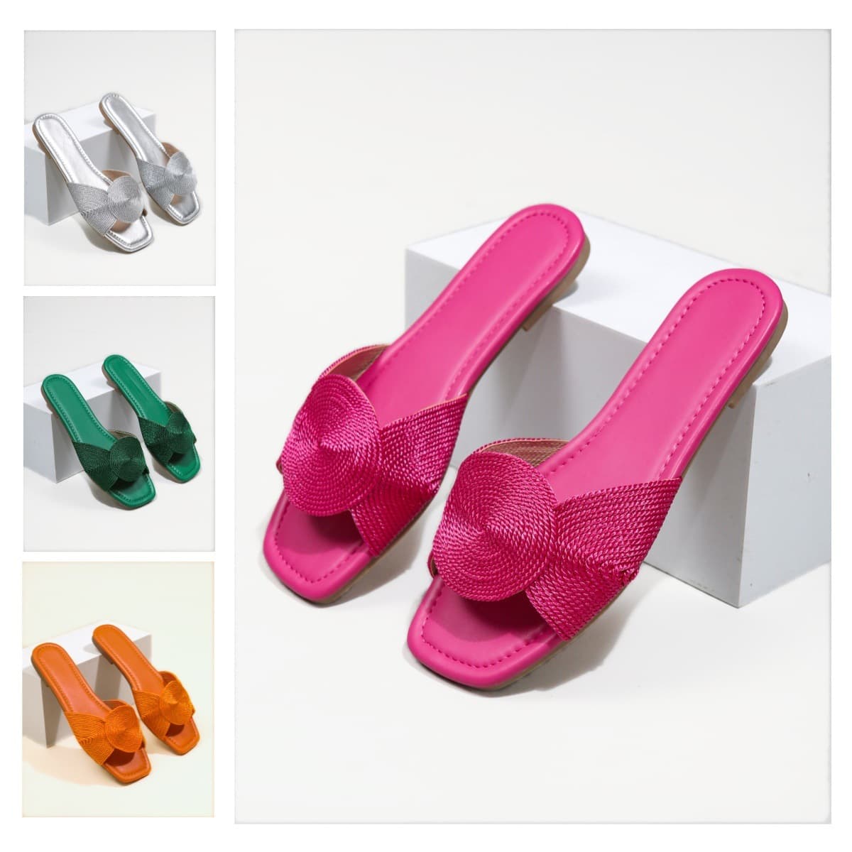 New Metal Embroidered Woven Women's Sandals Summer Square Toe Single-Strap Flat Non-Slip Outdoor Light Luxury Cross-Border Stock