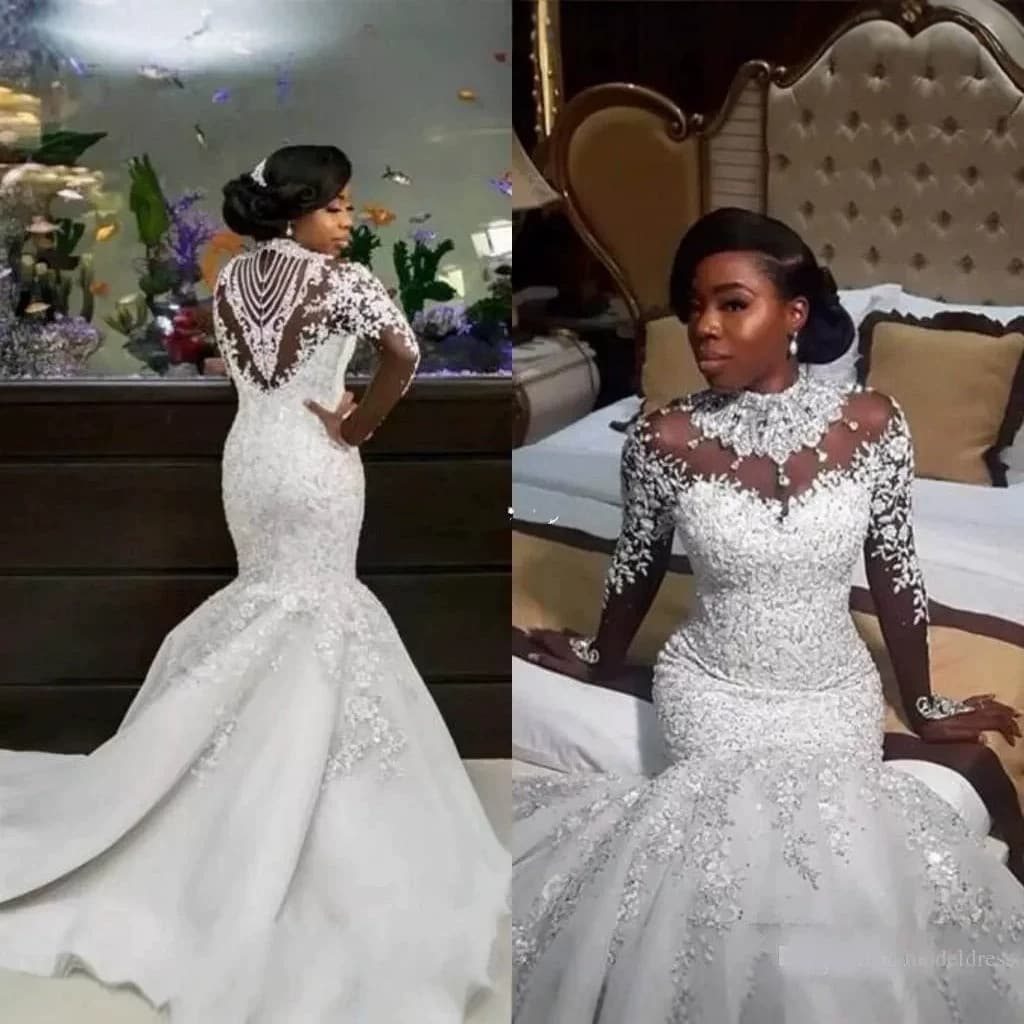 European and American Cross-Border Wedding Dress Sexy Long Sleeve Sheer Beaded Lace High Neck Mermaid Wedding Gown Bride Dress African Bride