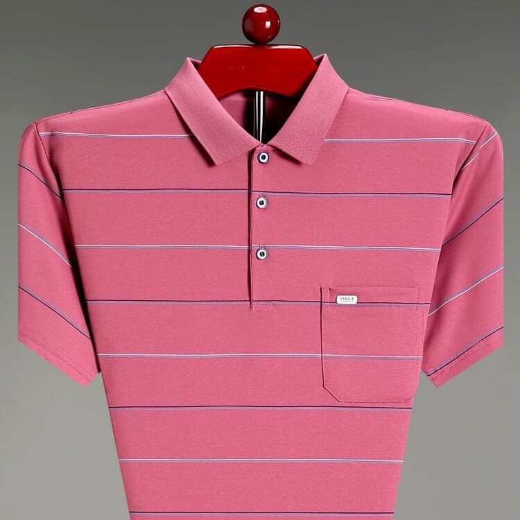 Middle-aged and Elderly Dad Summer Dress Pearl Cotton Short-sleeved Polo Shirt Men's Loose Casual Striped Lapel T-shirt Base Shirt
