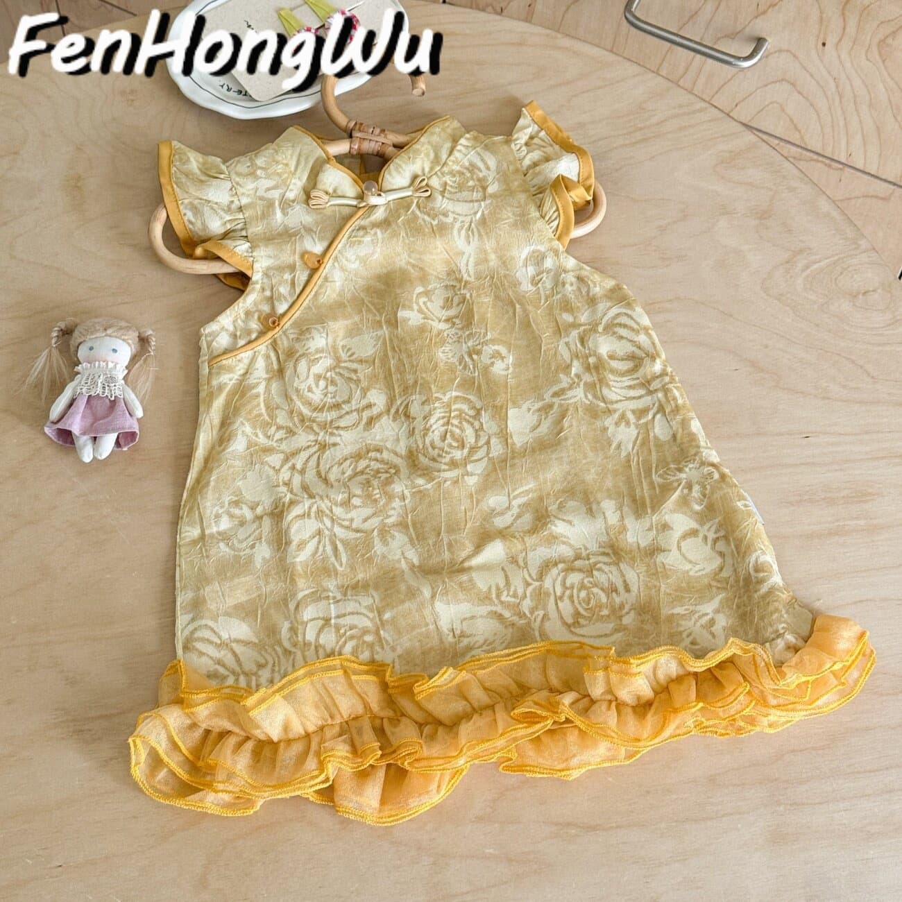 FHW New Chinese Style Children's Dress, Girl's Gold Print Ruffled Flattering Versatile Fashion Dress