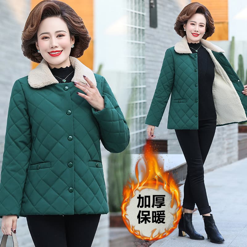 Winter Quilted Cotton Coat for Women, Fleece-Lined, Faux Lambwool Outerwear, Thickened, Turn-Down Collar, for Middle-Aged and Elderly