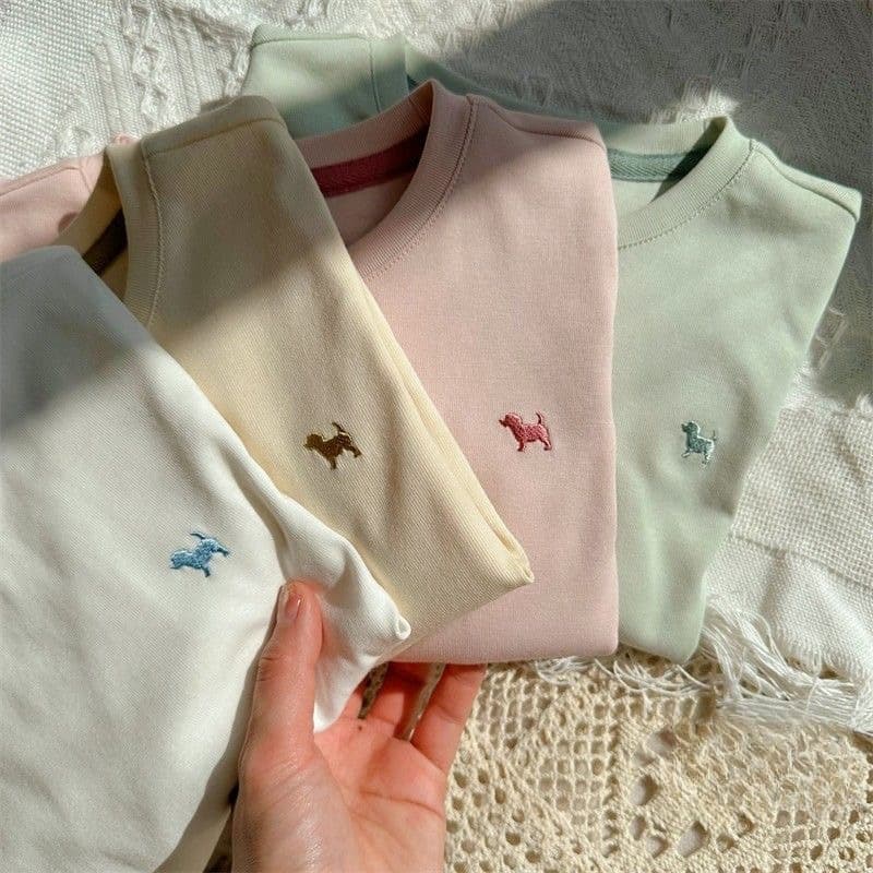 Foreign trade T-shirt with embroidered puppy logo, women's round neck, cross-border short-sleeved cotton sweatshirt, men's versatile base layer, trendy top.