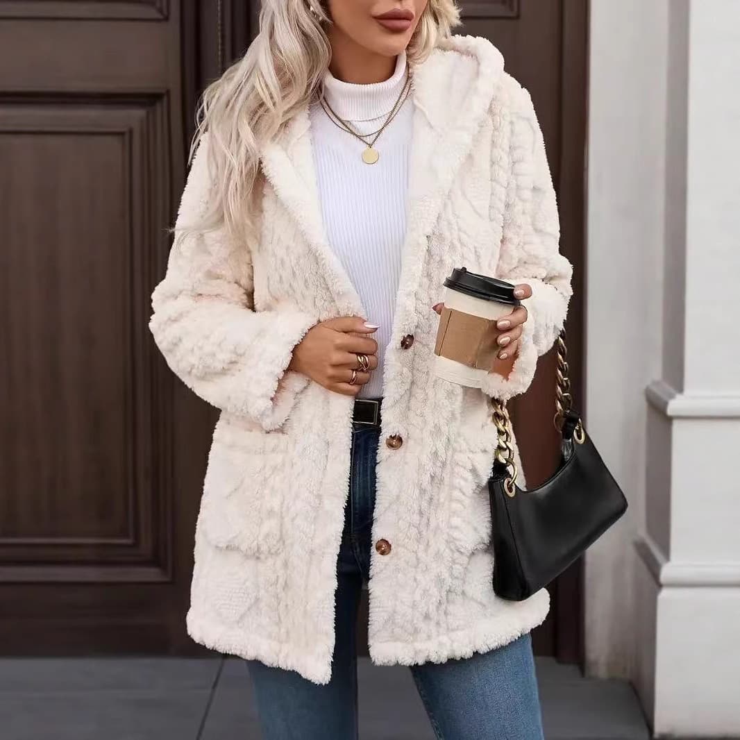 EU-US Cross-Border Best-Selling Solid Color Double-Sided Plush Button Hooded Cardigan, Mid-Length Plush Coat for Women, Fall/Winter, Independent Station