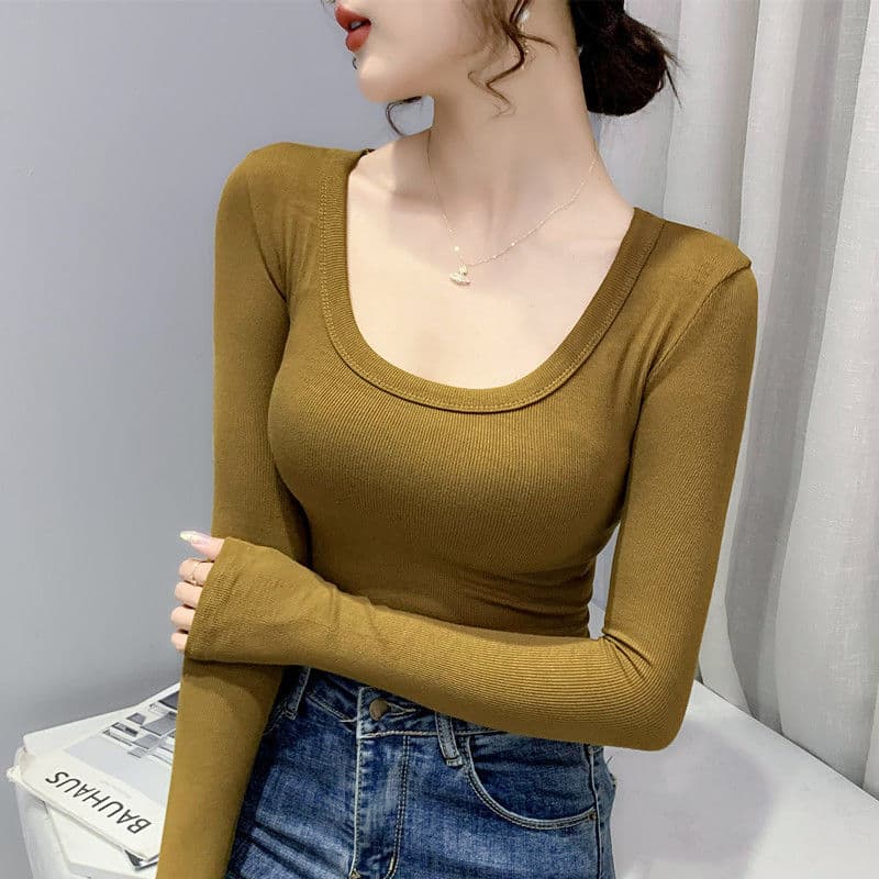 [Factory Direct Sale] Women's Ribbed Base Layer Long Sleeve Solid Color Inner Wear Slim Fit Spring and Autumn Style U-Neck T-Shirt