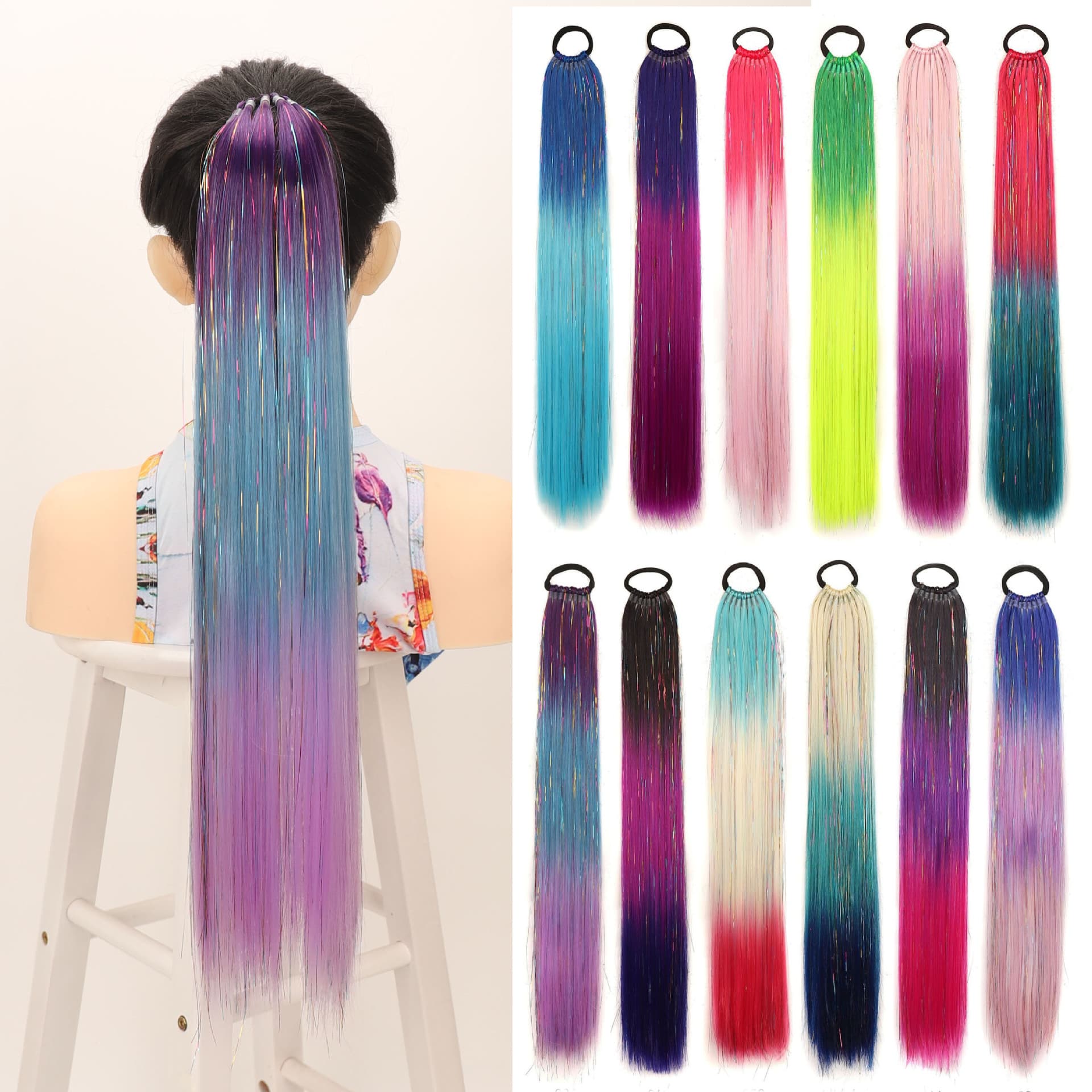 24 Inch 9 Strands Chemical Fiber Fake Hair Tail Colorful Braided Extensions Gold Thread Long Braided Extensions for Ladies
