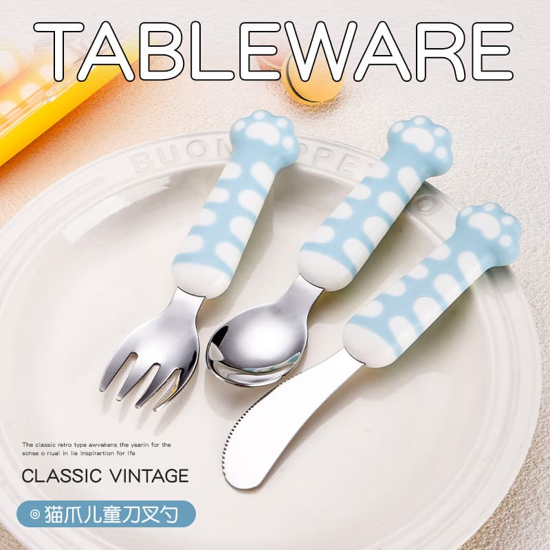 Cute cat claw 304 stainless steel mini children's knife, fork and spoon baby independent eating spoon fork children's tableware