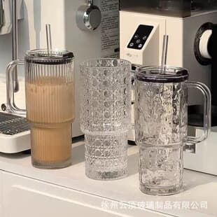 Stylish Large Capacity Glass Cup with Handle and Straw, Women's Cup with Lid, Office Coffee Water Cup, Jumbo Size