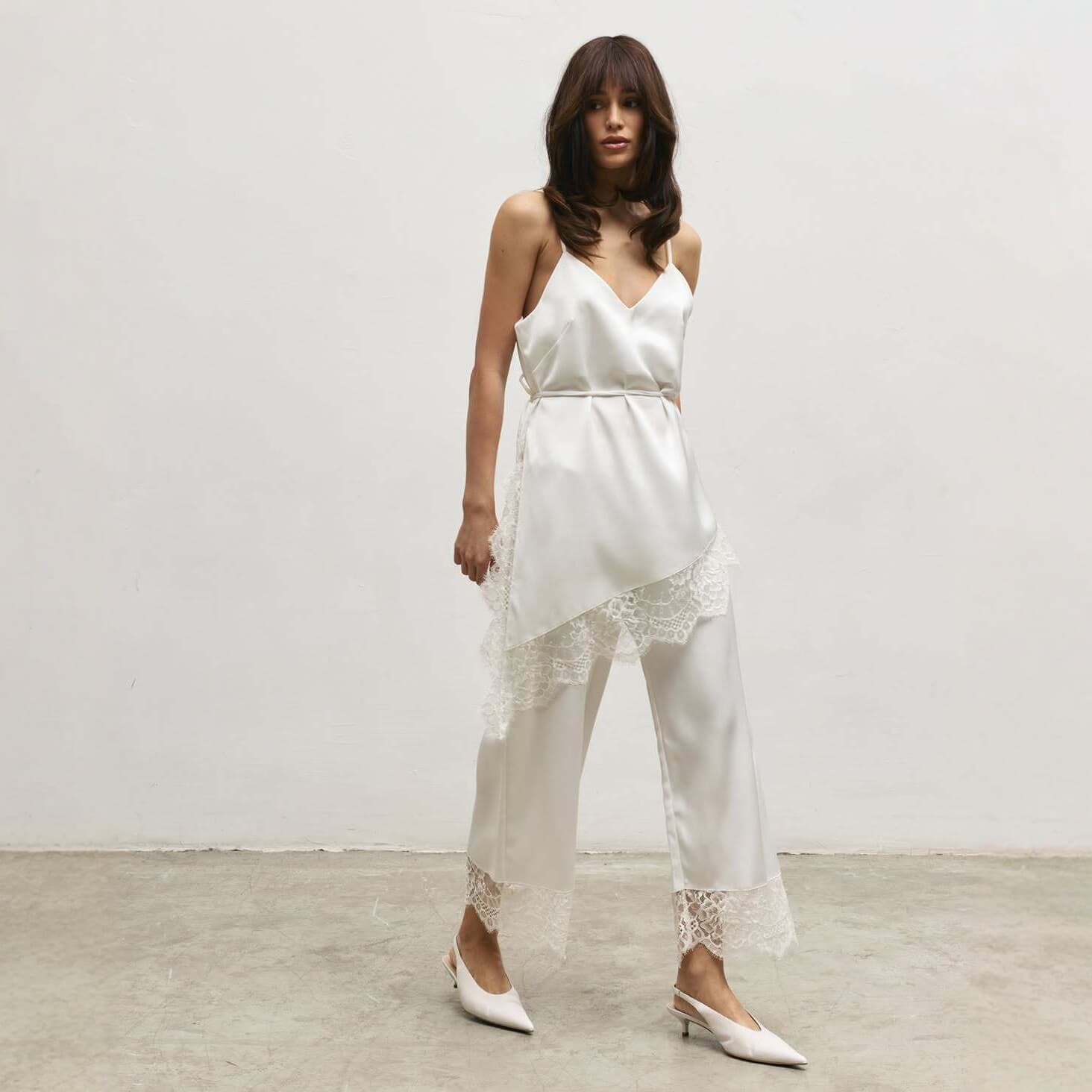 2026 Cross-border White Camisole Lace Patchwork Wide-leg Pants Set Women Casual Two-piece Set European and American Style Simple Outfit