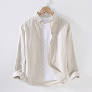 9027 Spring/Summer New White Linen Long-Sleeve Shirt for Men, Cotton-Linen Business Casual Shirt