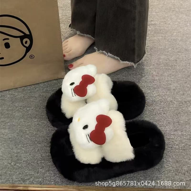 Cute kt cat furry slippers for women autumn and winter outer wear new thick-soled internet celebrity home comfortable cotton slippers warm plush