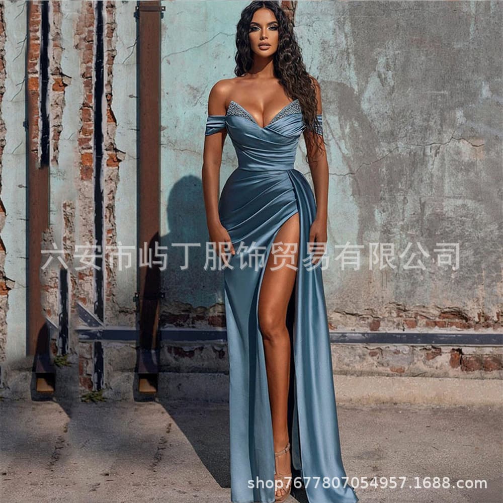 2026 European and American Women's Formal Dress with Train, Rhinestone-Embellished Strapless High-Slit Slimming Evening Gown Premium